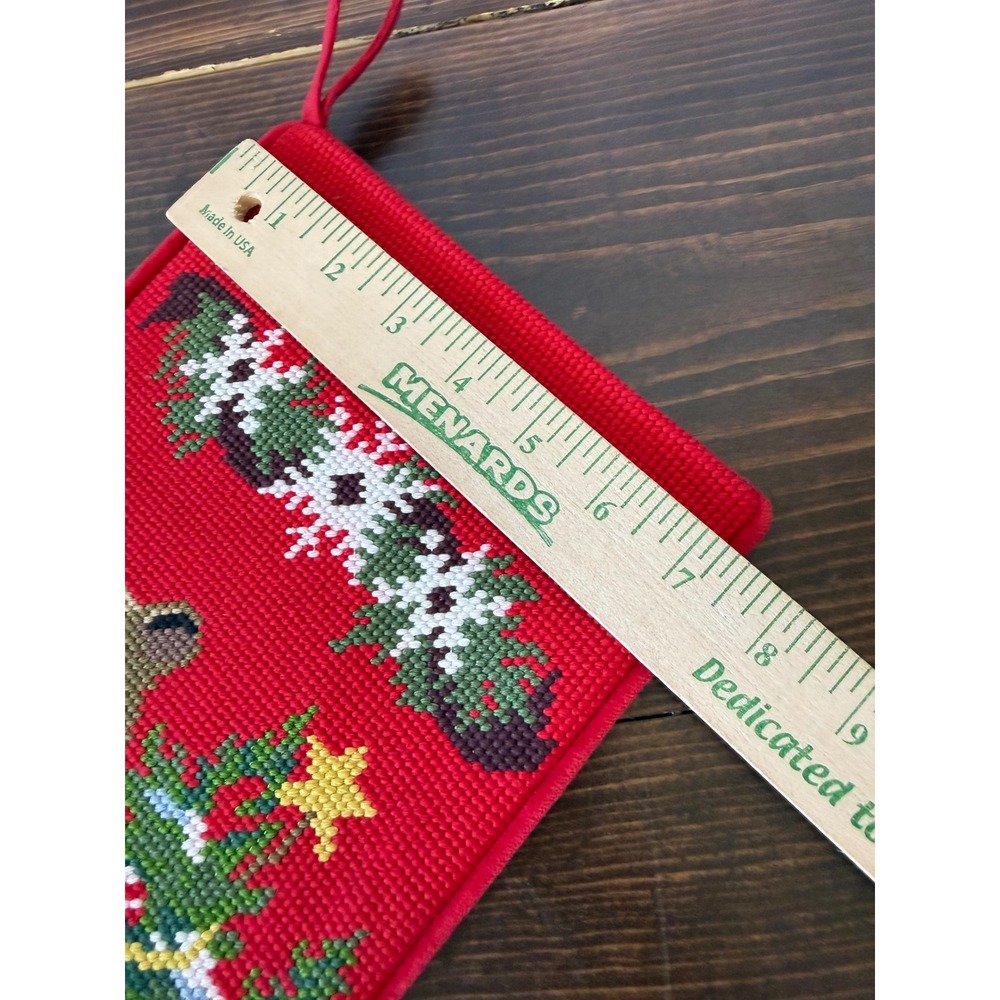 VTG Needlepoint Christmas Stocking Woodland Animals Bear Deer "Kyle" Red Velvet - Picture 6 of 9